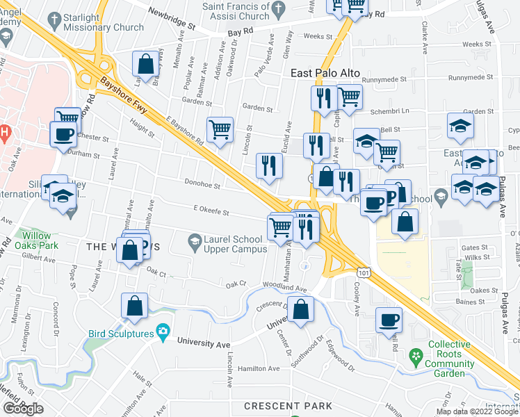 map of restaurants, bars, coffee shops, grocery stores, and more near 1487 West Bayshore Road in East Palo Alto