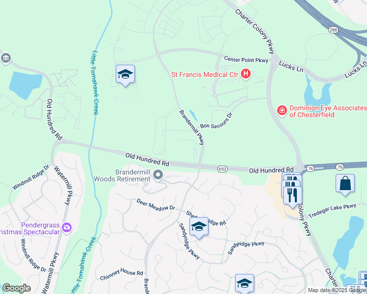 map of restaurants, bars, coffee shops, grocery stores, and more near 2100 Brandermill Parkway in Midlothian