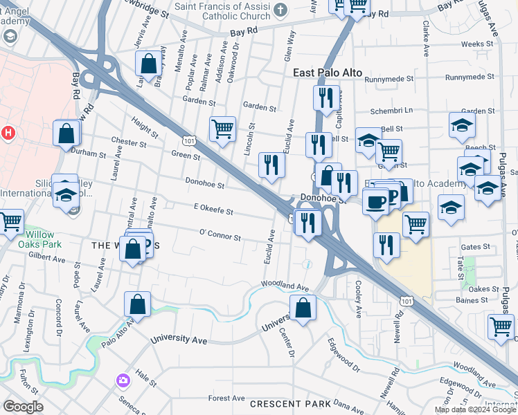 map of restaurants, bars, coffee shops, grocery stores, and more near 1487 West Bayshore Road in East Palo Alto