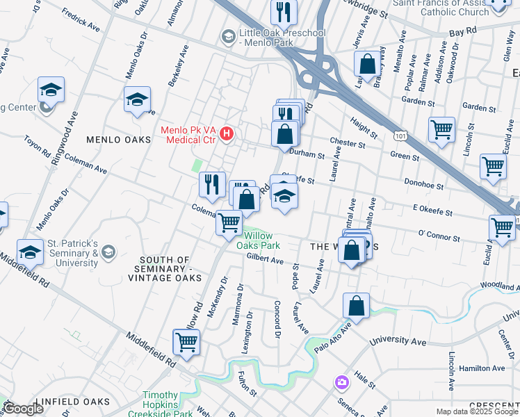map of restaurants, bars, coffee shops, grocery stores, and more near 600 Willow Road in Menlo Park