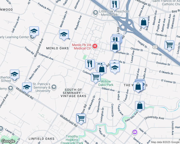 map of restaurants, bars, coffee shops, grocery stores, and more near 690 Coleman Avenue in Menlo Park
