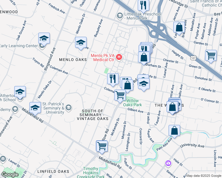 map of restaurants, bars, coffee shops, grocery stores, and more near 11 Coleman Place in Menlo Park