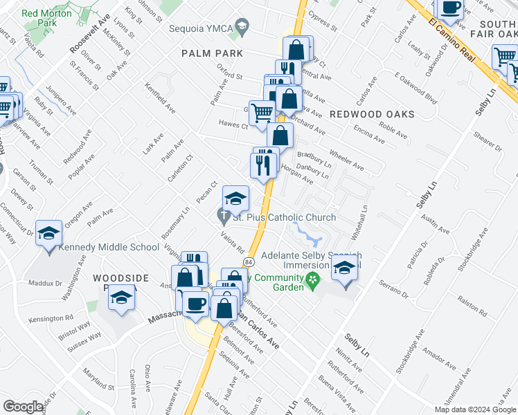 map of restaurants, bars, coffee shops, grocery stores, and more near 1742 Kentfield Avenue in Redwood City
