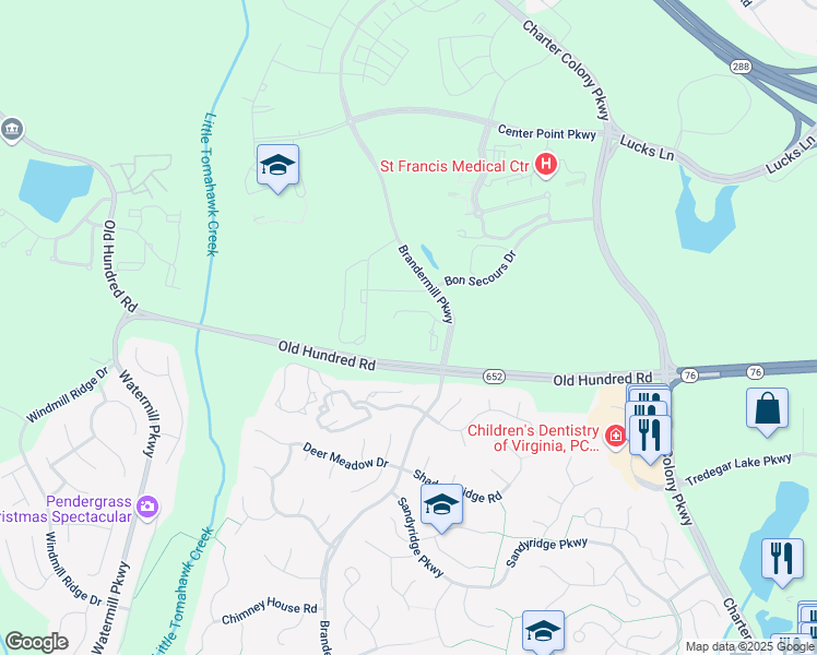 map of restaurants, bars, coffee shops, grocery stores, and more near 2100 Brandermill Parkway in Midlothian