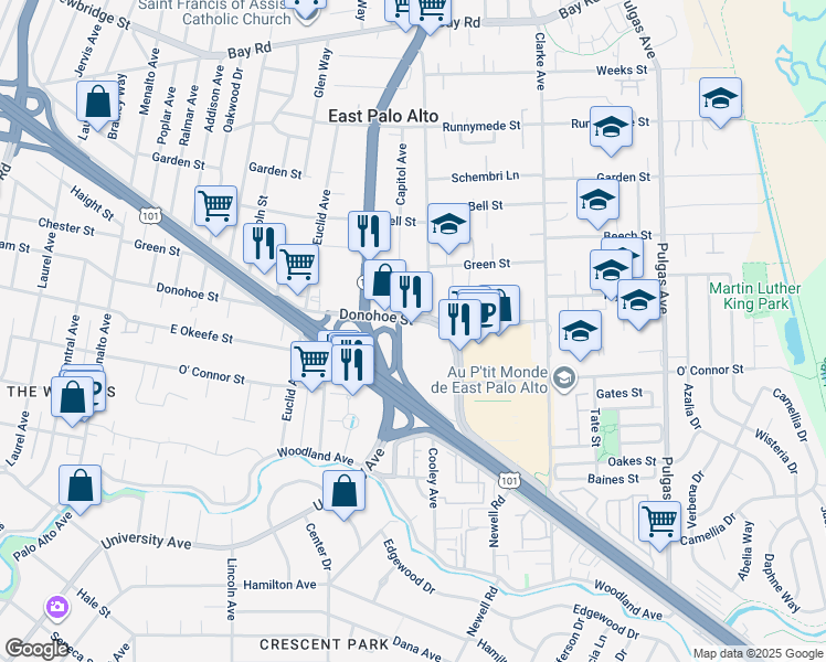 map of restaurants, bars, coffee shops, grocery stores, and more near 648 Donohoe Street in East Palo Alto
