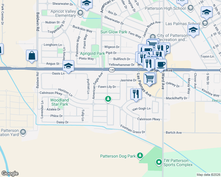 map of restaurants, bars, coffee shops, grocery stores, and more near 1230 Fawn Lily Drive in Patterson