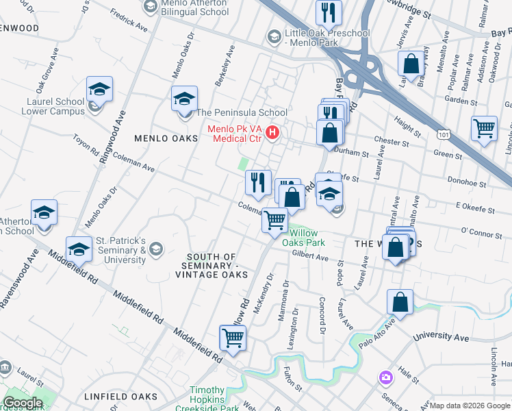 map of restaurants, bars, coffee shops, grocery stores, and more near 700 Coleman Avenue in Menlo Park