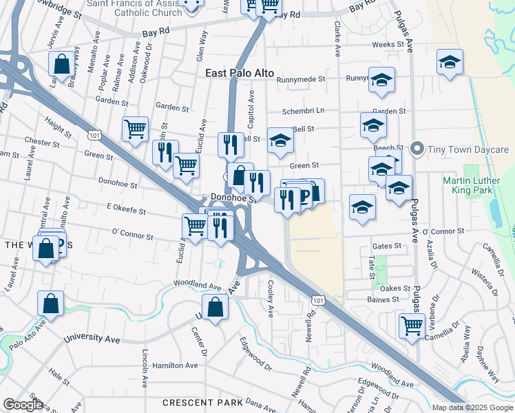 map of restaurants, bars, coffee shops, grocery stores, and more near 660 Donohoe Street in East Palo Alto