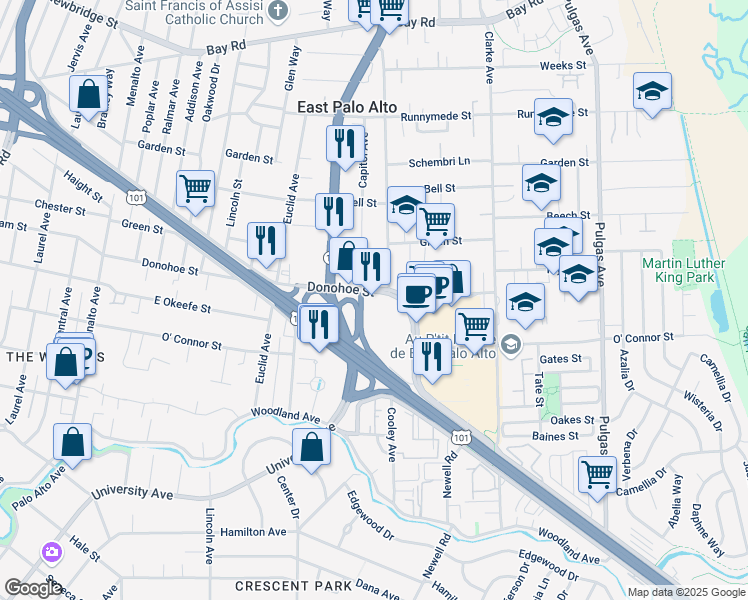 map of restaurants, bars, coffee shops, grocery stores, and more near 660 Donohoe Street in East Palo Alto