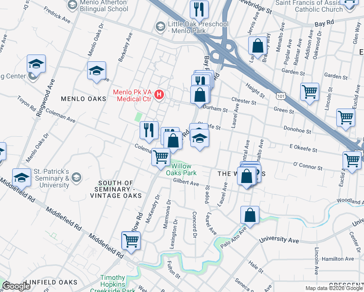 map of restaurants, bars, coffee shops, grocery stores, and more near 600 Willow Road in Menlo Park