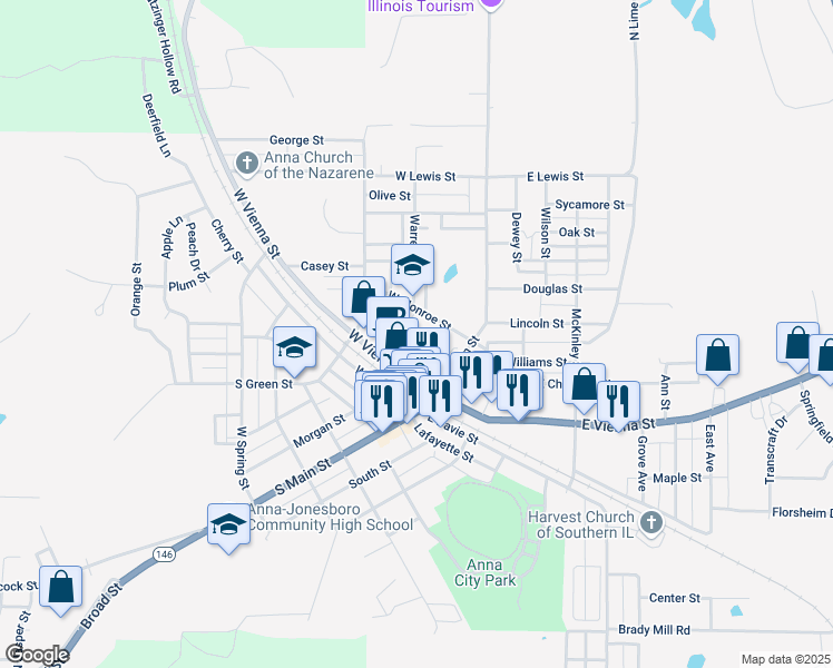 map of restaurants, bars, coffee shops, grocery stores, and more near 161-181 West Monroe Street in Anna