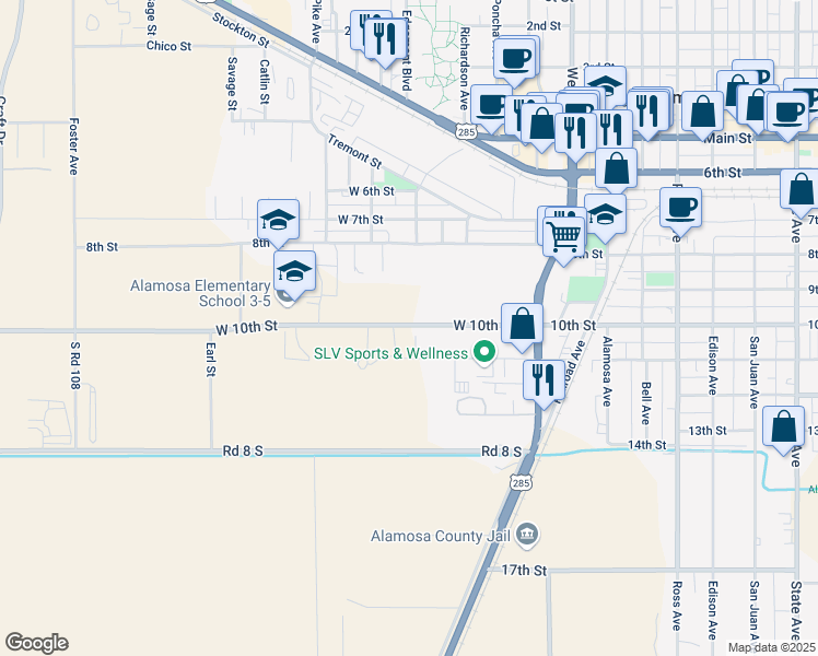 map of restaurants, bars, coffee shops, grocery stores, and more near 1584 West 10th Street in Alamosa