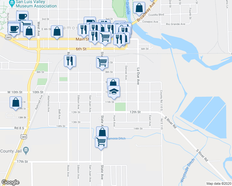 map of restaurants, bars, coffee shops, grocery stores, and more near 416 10th Street in Alamosa