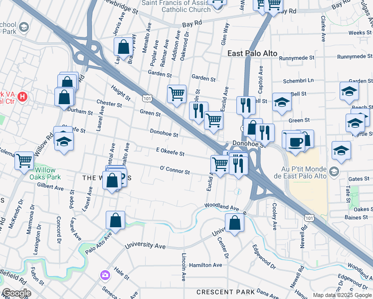 map of restaurants, bars, coffee shops, grocery stores, and more near 395 East Okeefe Street in East Palo Alto