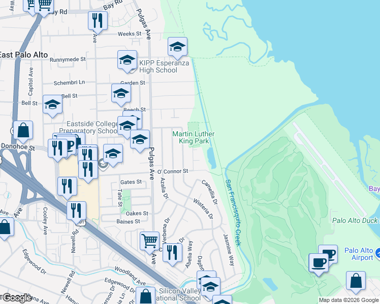 map of restaurants, bars, coffee shops, grocery stores, and more near 429 Daisy Lane in East Palo Alto