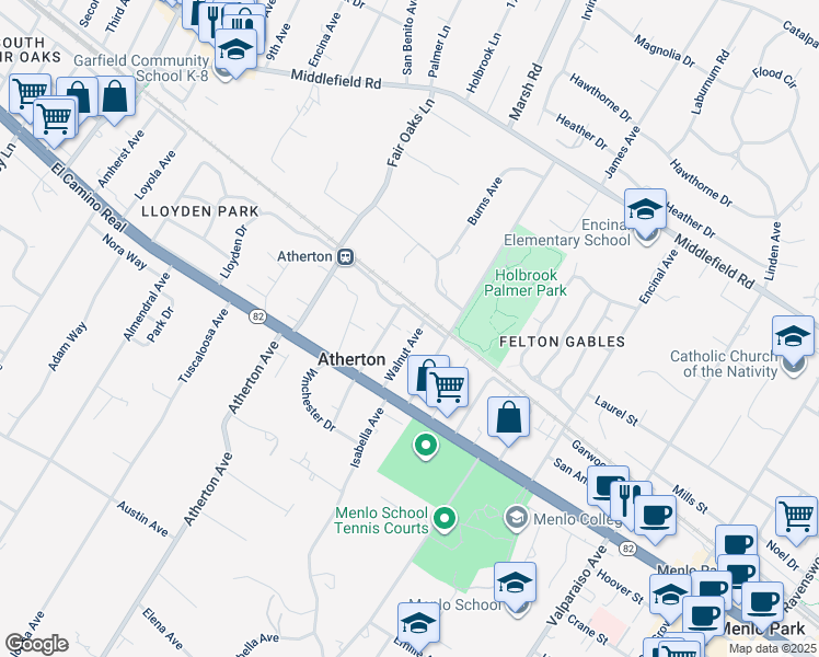 map of restaurants, bars, coffee shops, grocery stores, and more near 81 Walnut Avenue in Atherton
