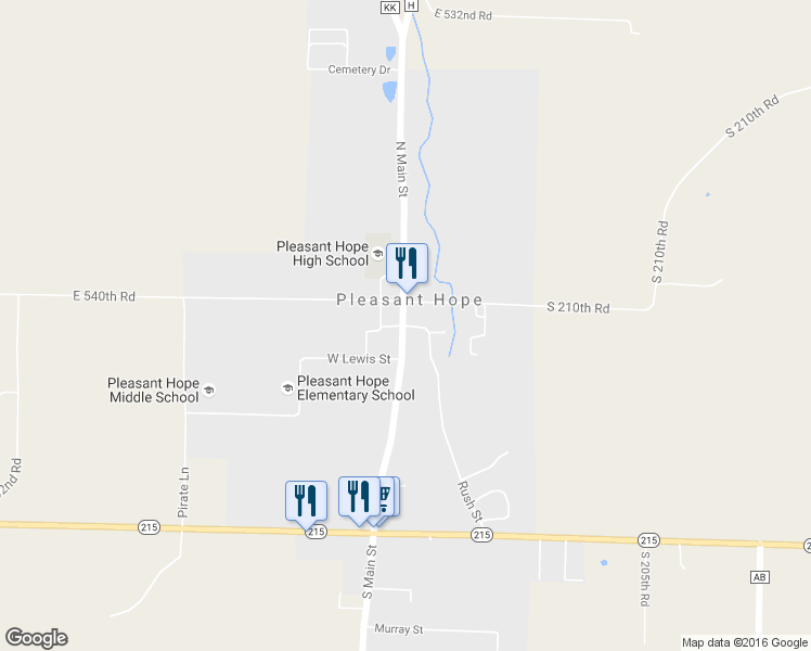 map of restaurants, bars, coffee shops, grocery stores, and more near Adams Street in Pleasant Hope