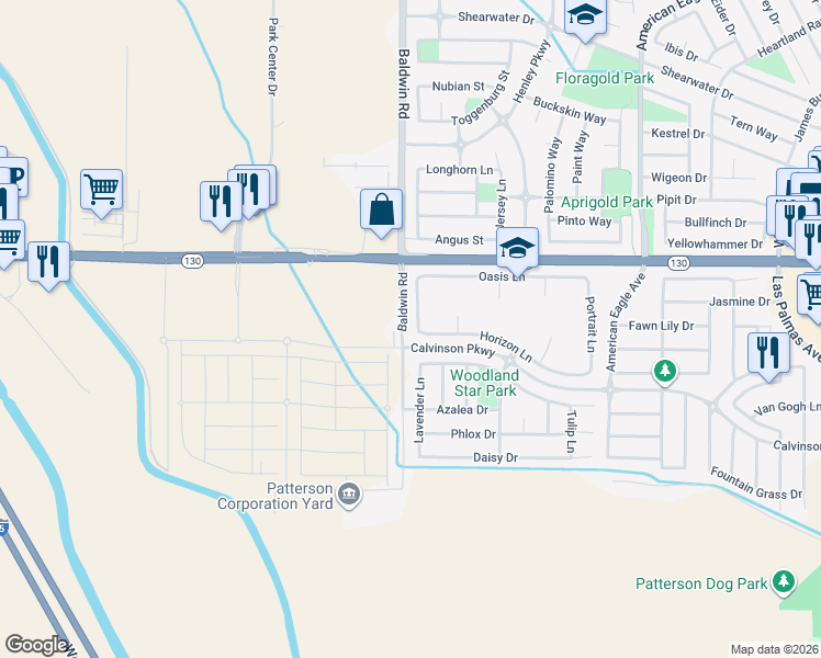 map of restaurants, bars, coffee shops, grocery stores, and more near 2006 Sperry Avenue in Patterson