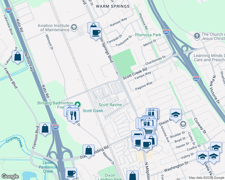 map of restaurants, bars, coffee shops, grocery stores, and more near 48937 Tree Fern Common in Fremont