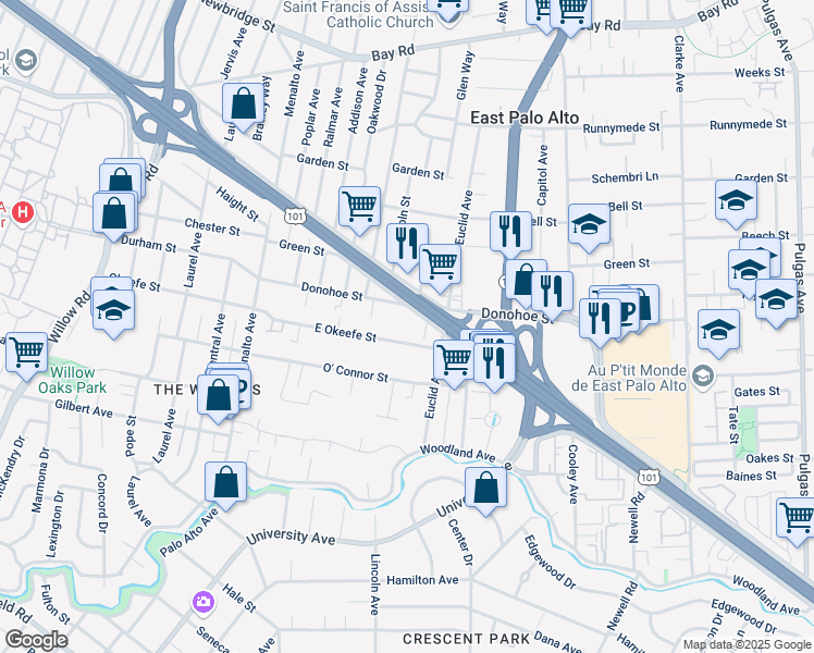 map of restaurants, bars, coffee shops, grocery stores, and more near 1487 West Bayshore Road in East Palo Alto