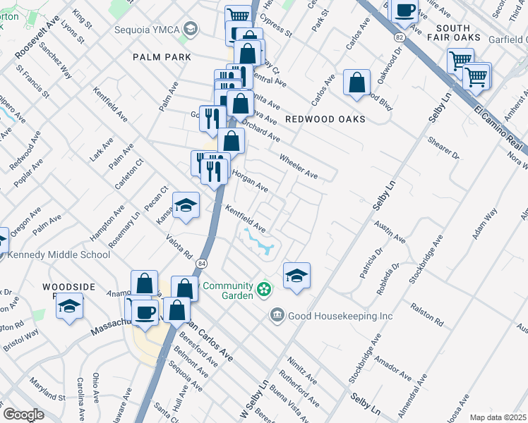 map of restaurants, bars, coffee shops, grocery stores, and more near 401 Wembley Court in Redwood City