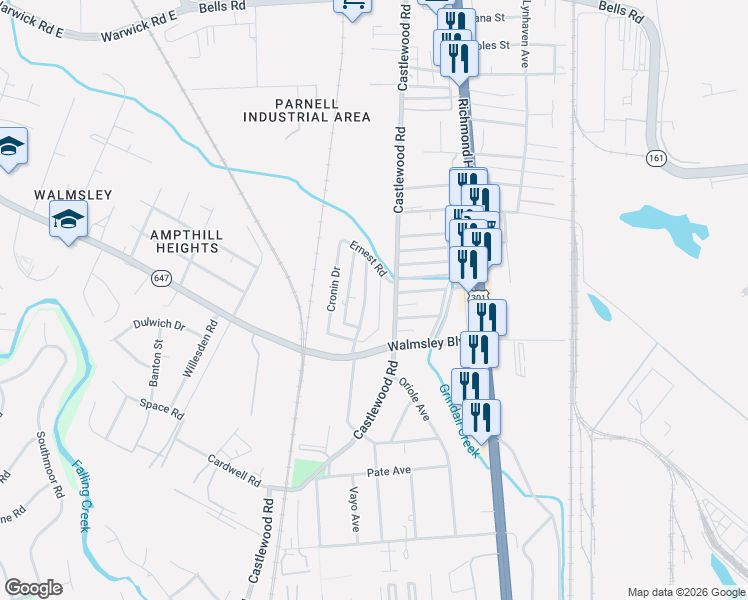 map of restaurants, bars, coffee shops, grocery stores, and more near 4705 Castlewood Road in Richmond