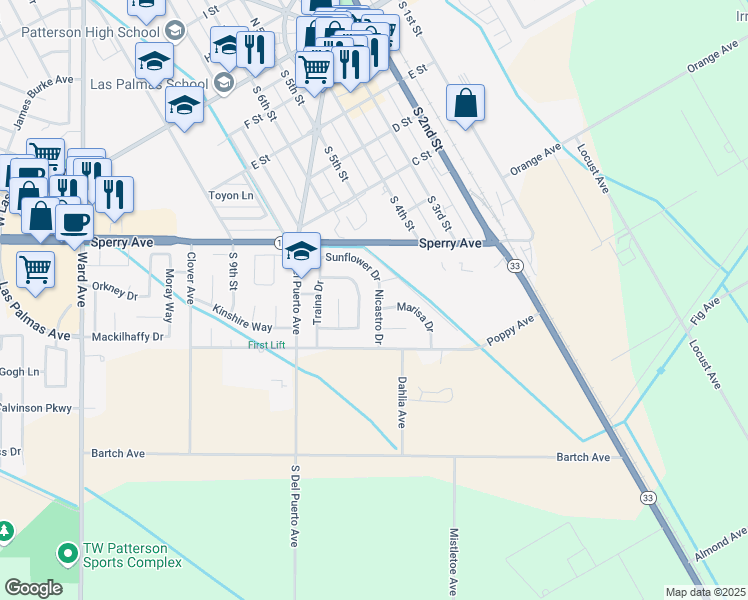 map of restaurants, bars, coffee shops, grocery stores, and more near 545 Nicastro Drive in Patterson