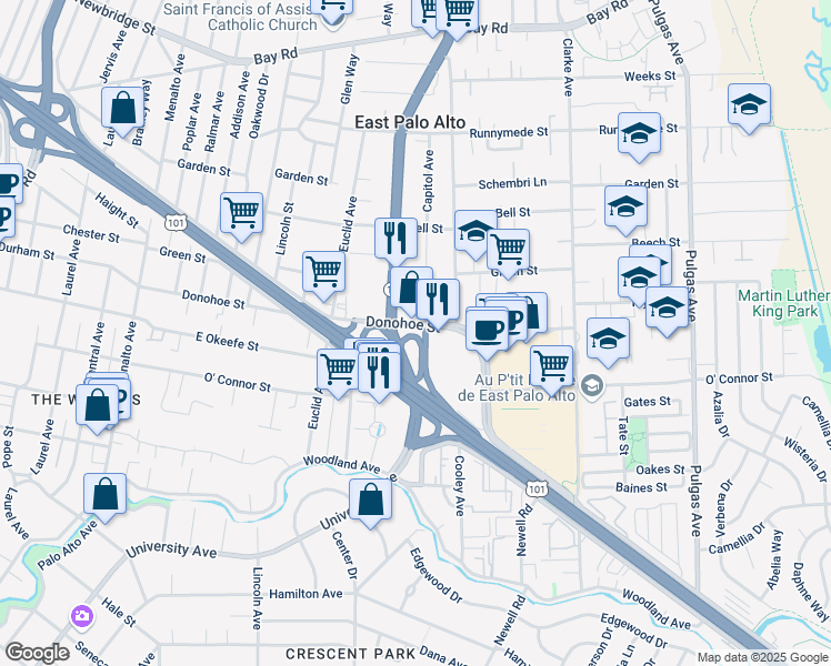 map of restaurants, bars, coffee shops, grocery stores, and more near 648 Donohoe Street in East Palo Alto