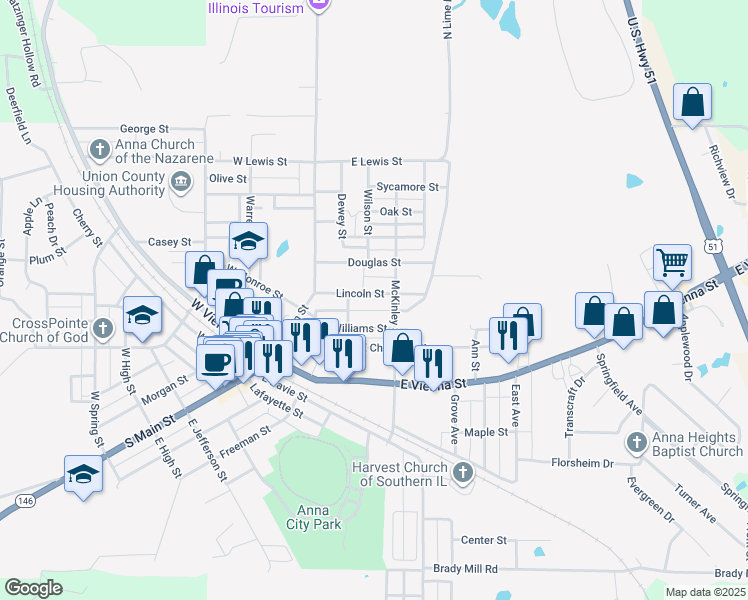 map of restaurants, bars, coffee shops, grocery stores, and more near 206 Lincoln Street in Anna