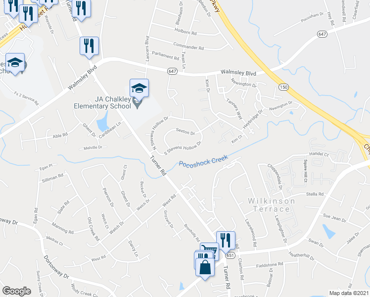 map of restaurants, bars, coffee shops, grocery stores, and more near 6523 South Stevens Hollow Drive in Chesterfield