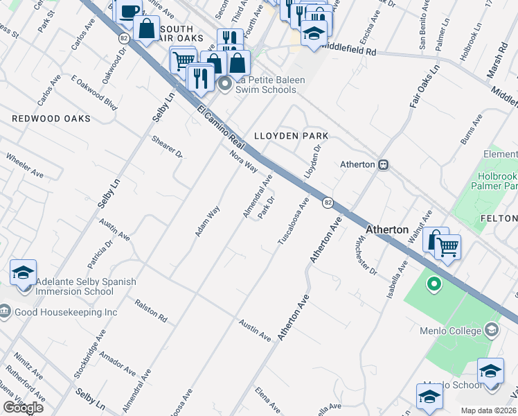 map of restaurants, bars, coffee shops, grocery stores, and more near 48 Middlegate Street in Atherton