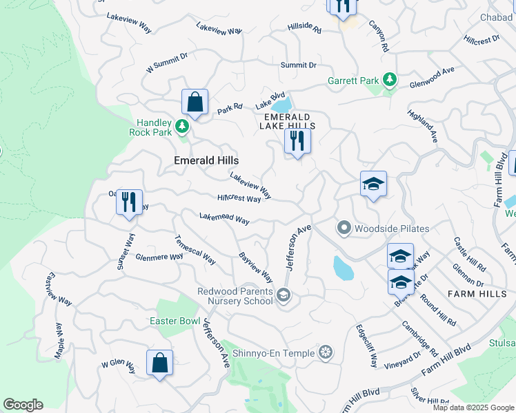 map of restaurants, bars, coffee shops, grocery stores, and more near 790 Hillcrest Way in Emerald Hills