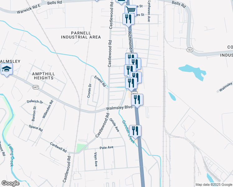 map of restaurants, bars, coffee shops, grocery stores, and more near 2708 Calverton Street in Richmond