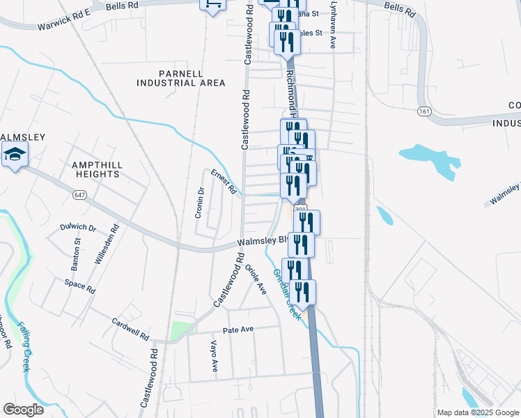map of restaurants, bars, coffee shops, grocery stores, and more near 2708 Calverton Street in Richmond