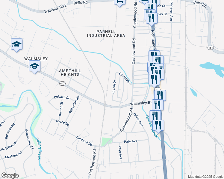 map of restaurants, bars, coffee shops, grocery stores, and more near 4727 Cronin Drive in Richmond
