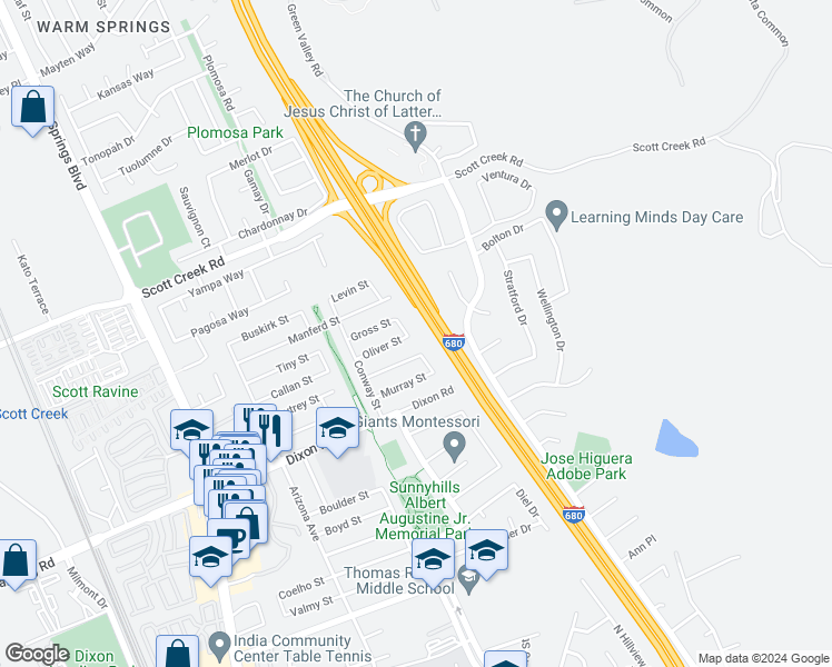 map of restaurants, bars, coffee shops, grocery stores, and more near 2102 Gross Street in Milpitas