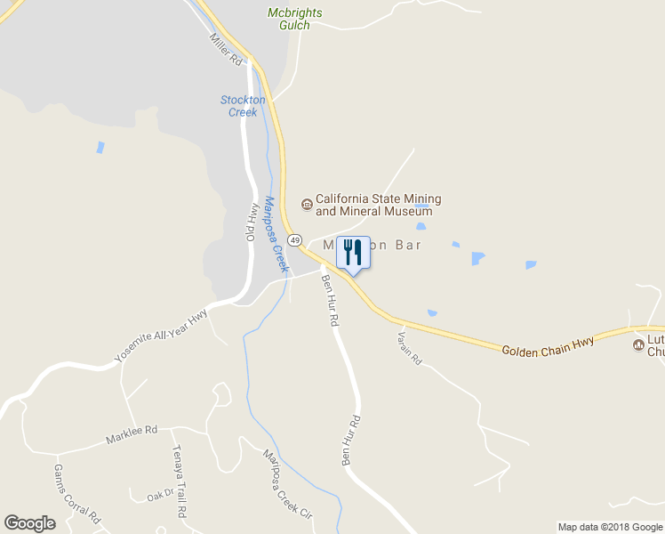 map of restaurants, bars, coffee shops, grocery stores, and more near 5262 Golden Chain Highway in Mariposa