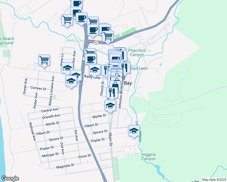 map of restaurants, bars, coffee shops, grocery stores, and more near 604 Main Street in Half Moon Bay