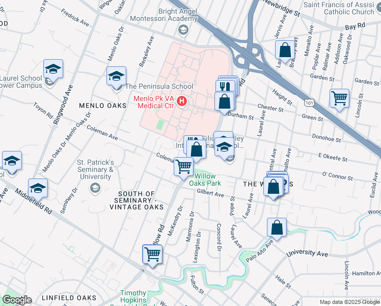 map of restaurants, bars, coffee shops, grocery stores, and more near 565 Willow Road in Menlo Park