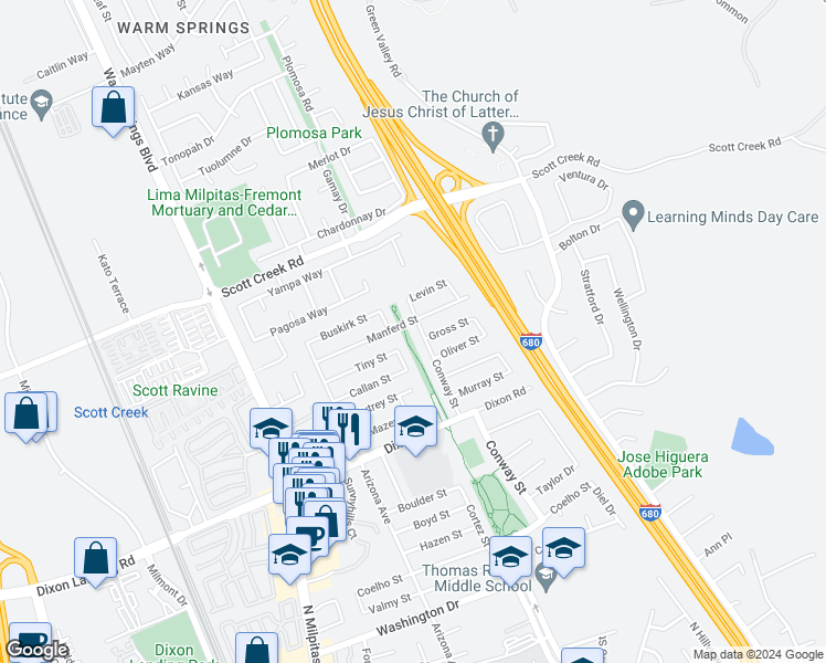 map of restaurants, bars, coffee shops, grocery stores, and more near 2135 Conway Street in Milpitas