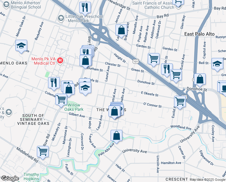 map of restaurants, bars, coffee shops, grocery stores, and more near 637 Central Avenue in Menlo Park