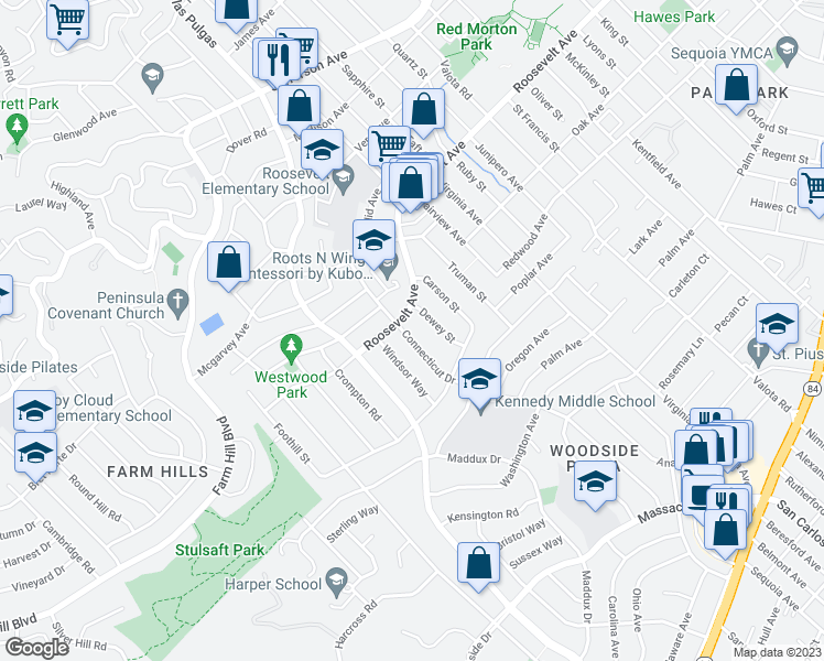 map of restaurants, bars, coffee shops, grocery stores, and more near 1217 Connecticut Drive in Redwood City
