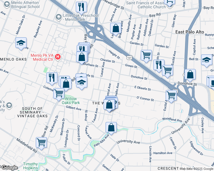 map of restaurants, bars, coffee shops, grocery stores, and more near 637 Central Avenue in Menlo Park
