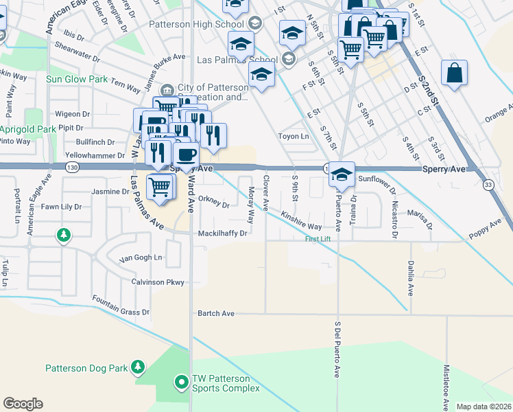 map of restaurants, bars, coffee shops, grocery stores, and more near 540 Moray Way in Patterson