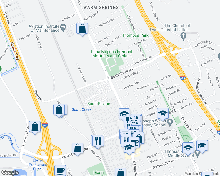 map of restaurants, bars, coffee shops, grocery stores, and more near 48964 Lady Fern Common in Fremont