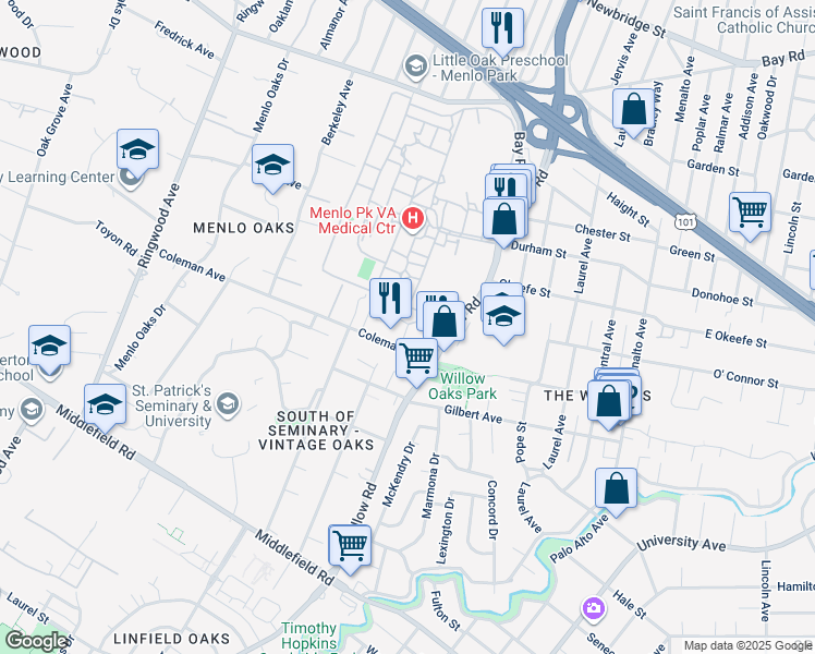 map of restaurants, bars, coffee shops, grocery stores, and more near Coleman Place in Menlo Park