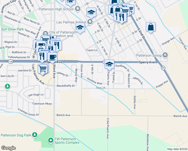 map of restaurants, bars, coffee shops, grocery stores, and more near 540 South 9th Street in Patterson