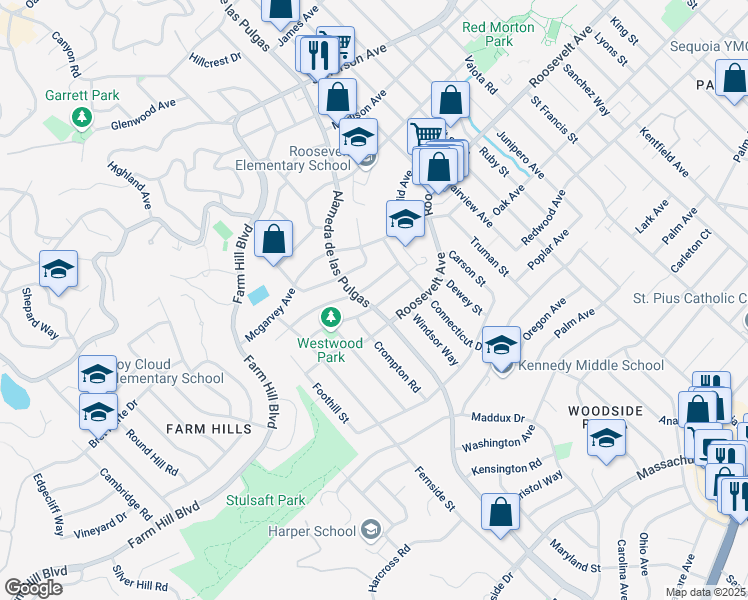 map of restaurants, bars, coffee shops, grocery stores, and more near 2674 Briarfield Avenue in Redwood City
