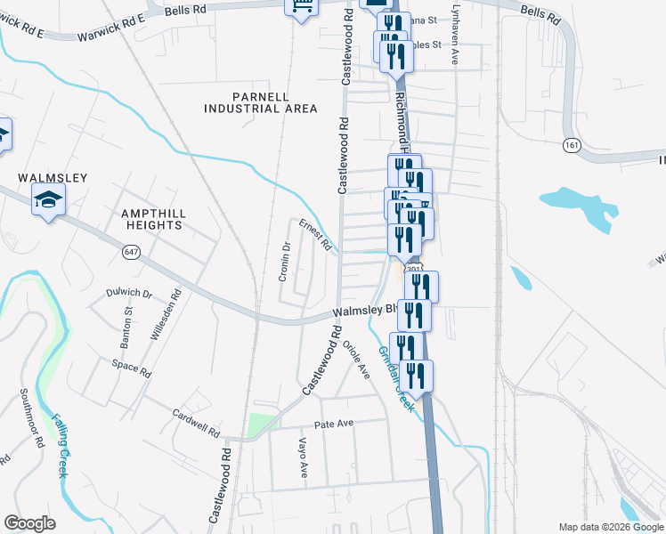 map of restaurants, bars, coffee shops, grocery stores, and more near 4705 Castlewood Road in Richmond