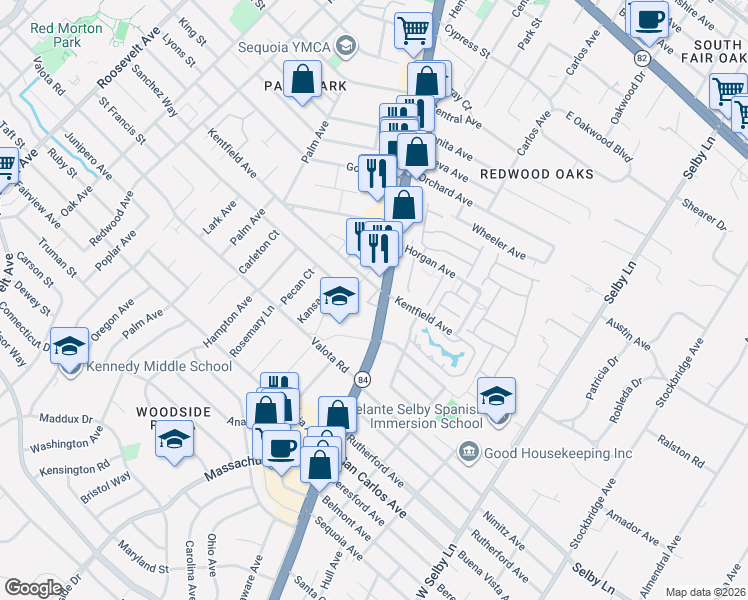 map of restaurants, bars, coffee shops, grocery stores, and more near 1008 Woodside Road in Redwood City